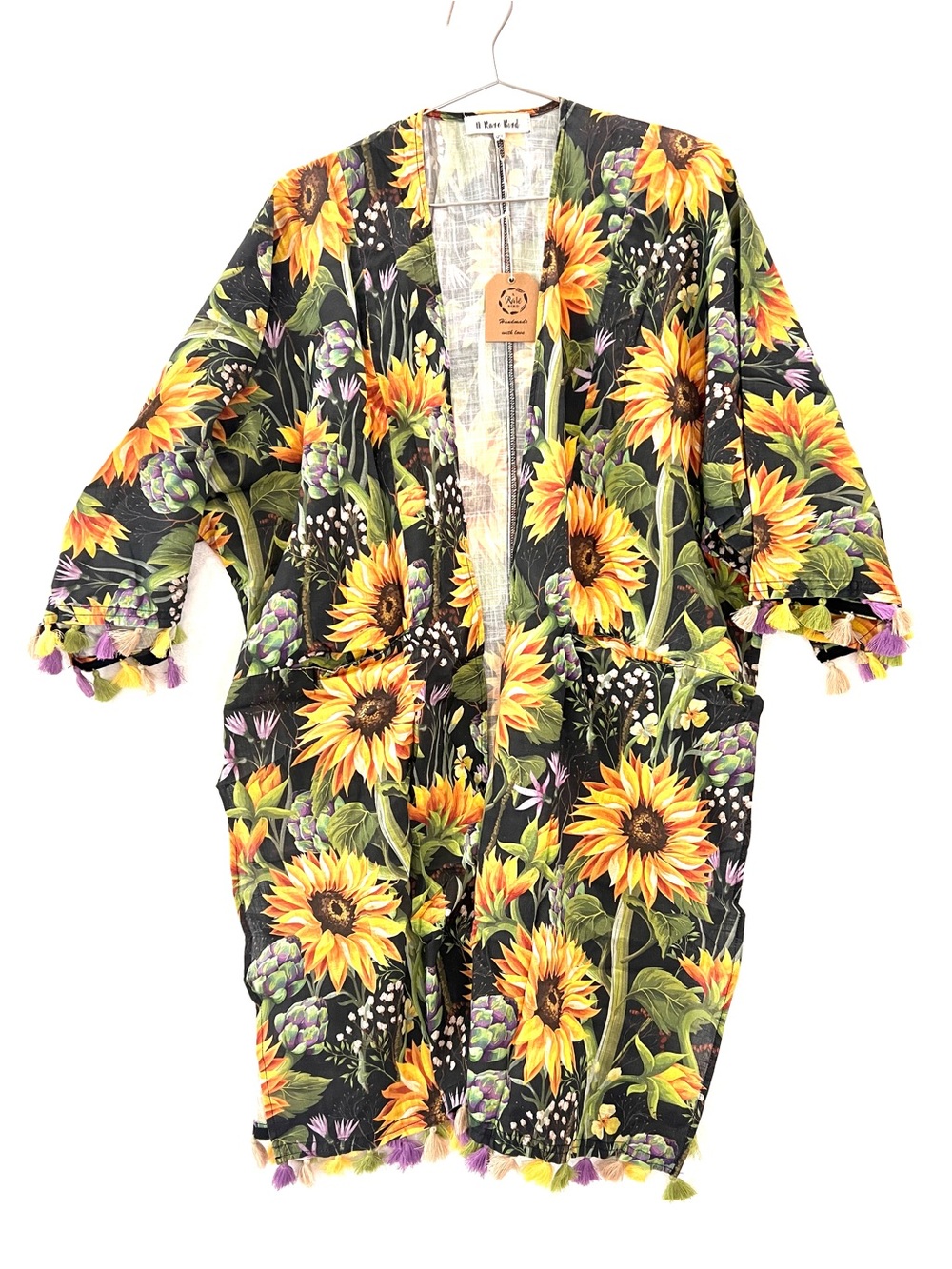 A Rare Bird Sunflower Print Open Front Kimono - Black & Yellow NWT size OS - Picture 2 of 8